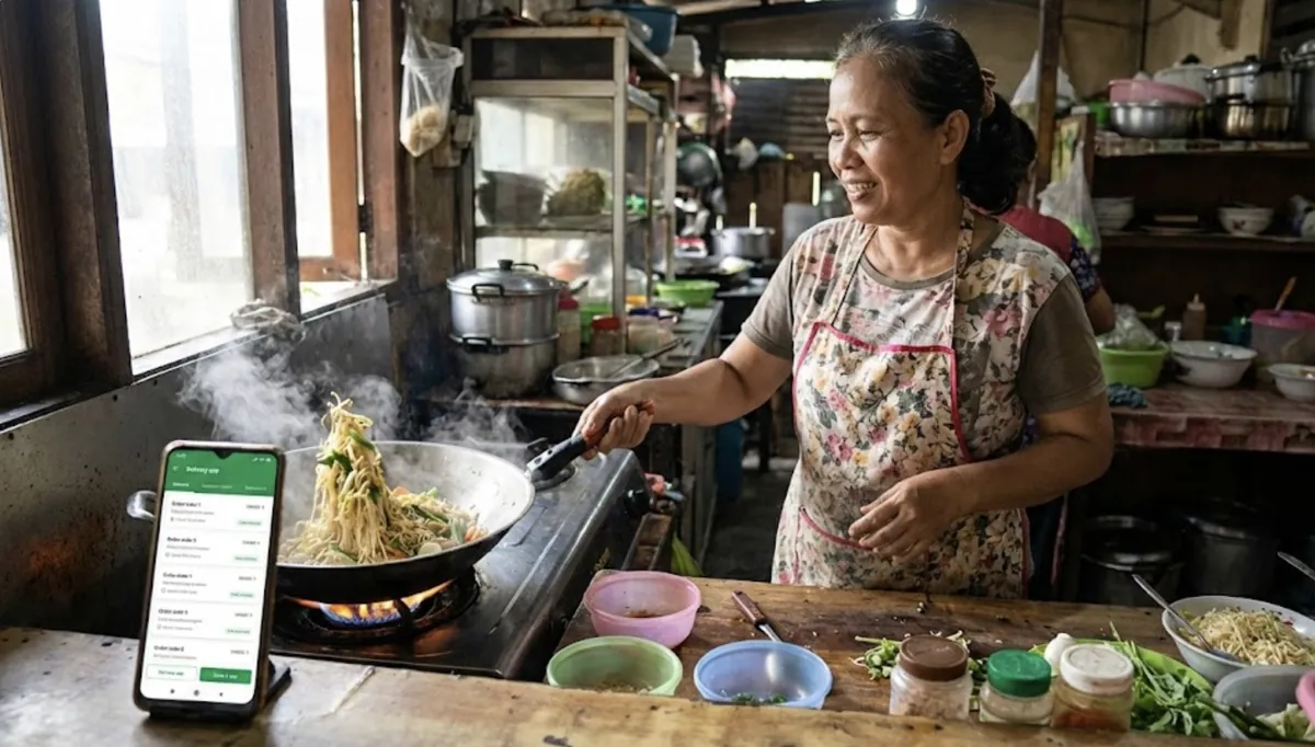 Penjual katering mencatat pesanan pakai suara sambil memasak