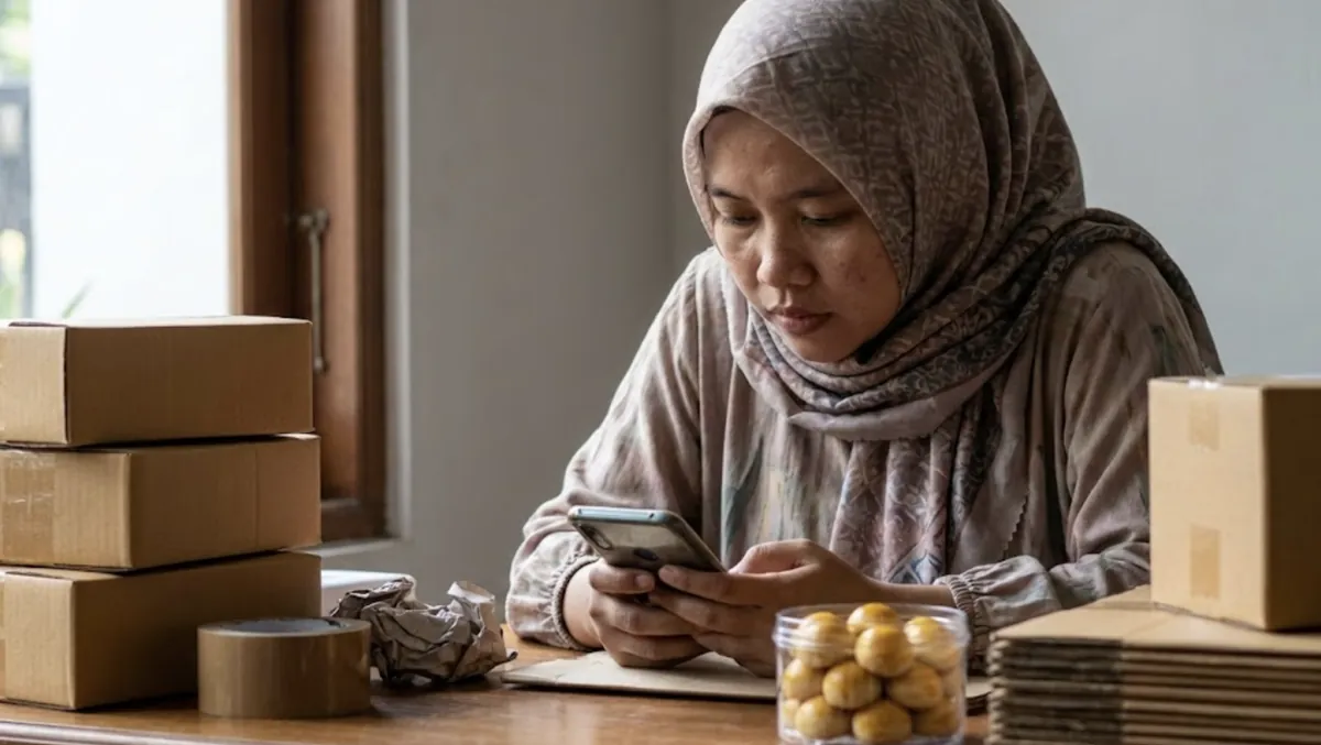 Penjual UMKM mengecek pesanan WhatsApp di HP saat Ramadan