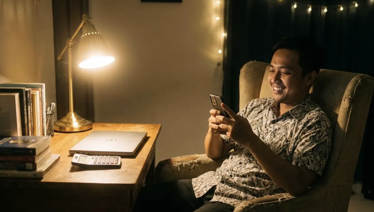 Penjual online melihat rekap penjualan di HP malam hari